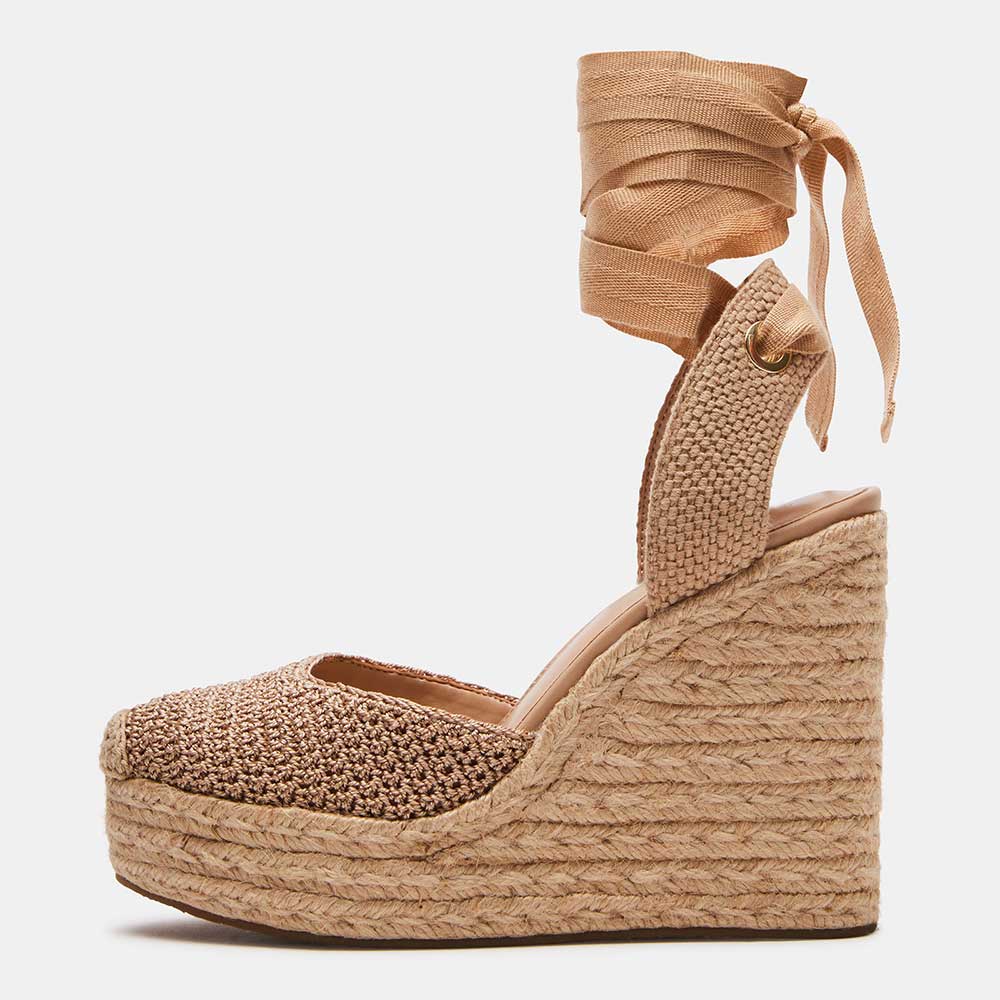 Brown Woven Pointed Toe 5'' Wedge Heel Lace-Up Platform Pumps Nicepairs