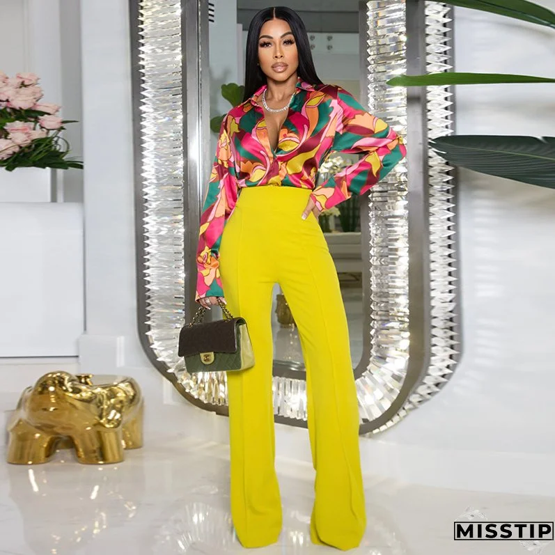 Women Chic printed long-sleeved shirt and wide-leg trousers Casual two-piece set