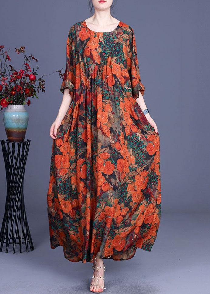 Casual Orange Print O-Neck Asymmetrical Design Summer Silk Cute Long Dresses