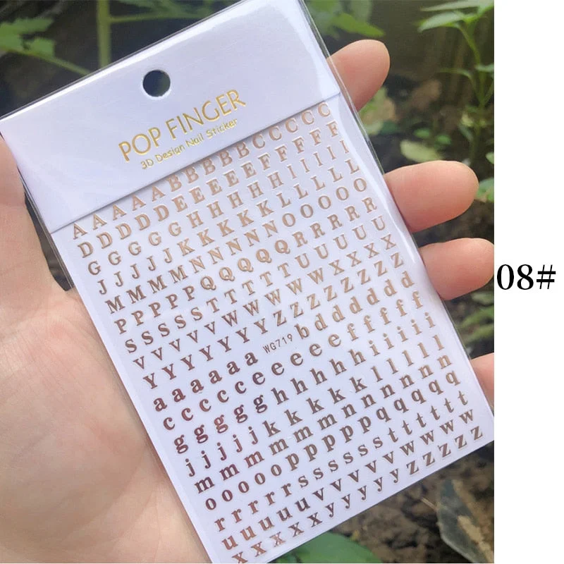 1 Sheet New Roman English Alphabet Number 3D Nail Stickers Christmas Animals iridescent Gold Silver Word Small Letters Nail