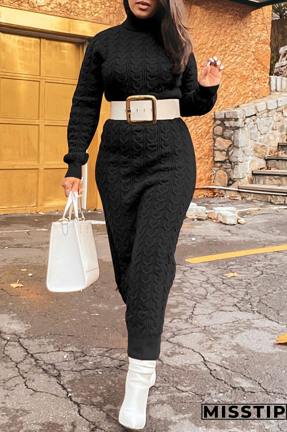 Light Brown Casual Solid Patchwork Turtleneck Straight Dresses(Without Belt)