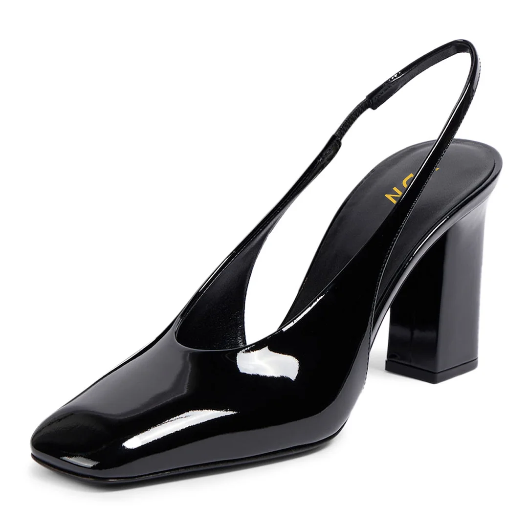 YDN Black Patent Leather Square Toe Chunky Heel Slingback Pumps