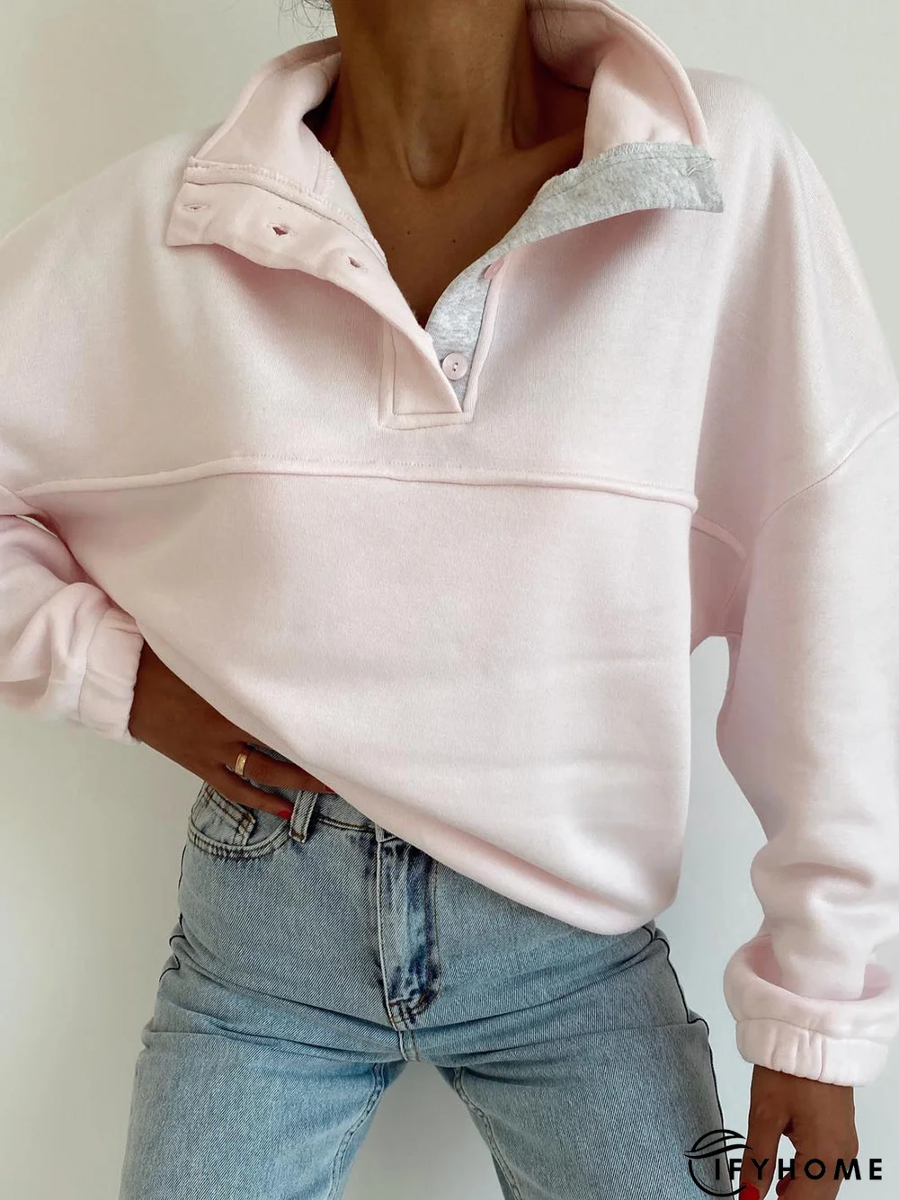 Casual Stand Collar Buttoned Plain Sweatshirt | IFYHOME