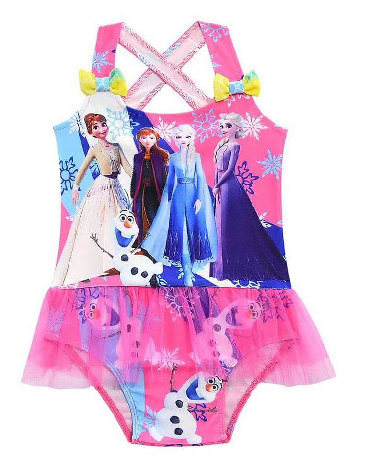 Girls Frozen 2 Printed Cross Back Tulle Waist One Piece Swimsuit-Mayoulove