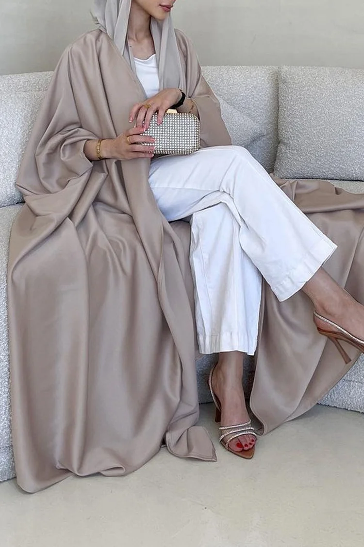 Batwing Long Sleeve Solid Color Open Front Satin Oversized Maxi Kimono
