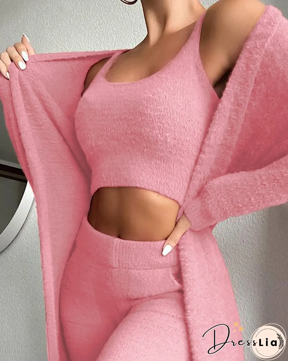 Fluffy Plain Crop Top & Skinny Pants & Longline Coat Set
