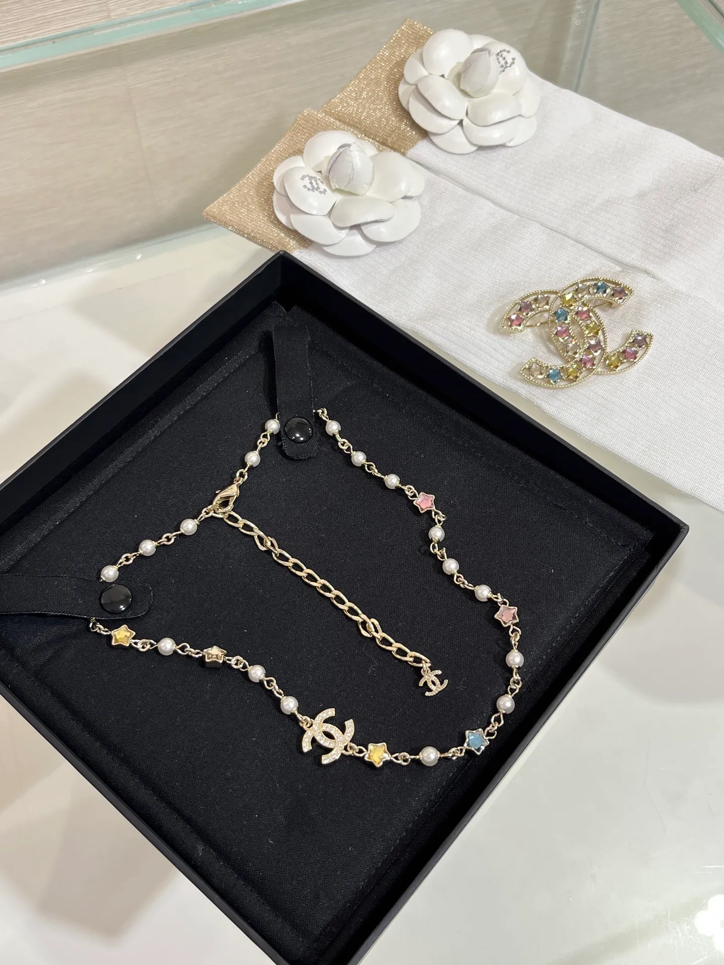 Chanel Colorful Crystal Stars and Pearl Necklace