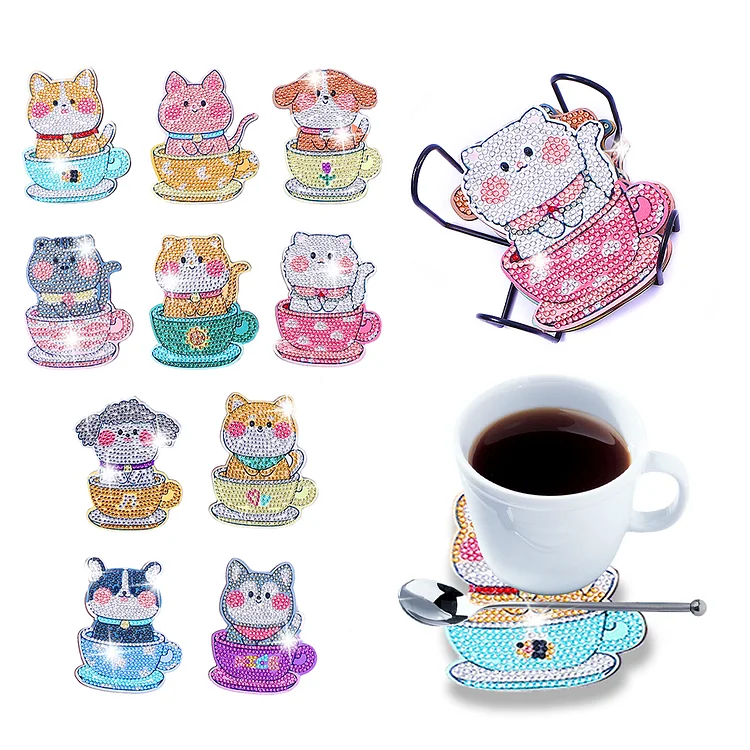 Teacup Animals - Wooden Coasters Ornaments - DIY Diamond Crafts (10pcs)