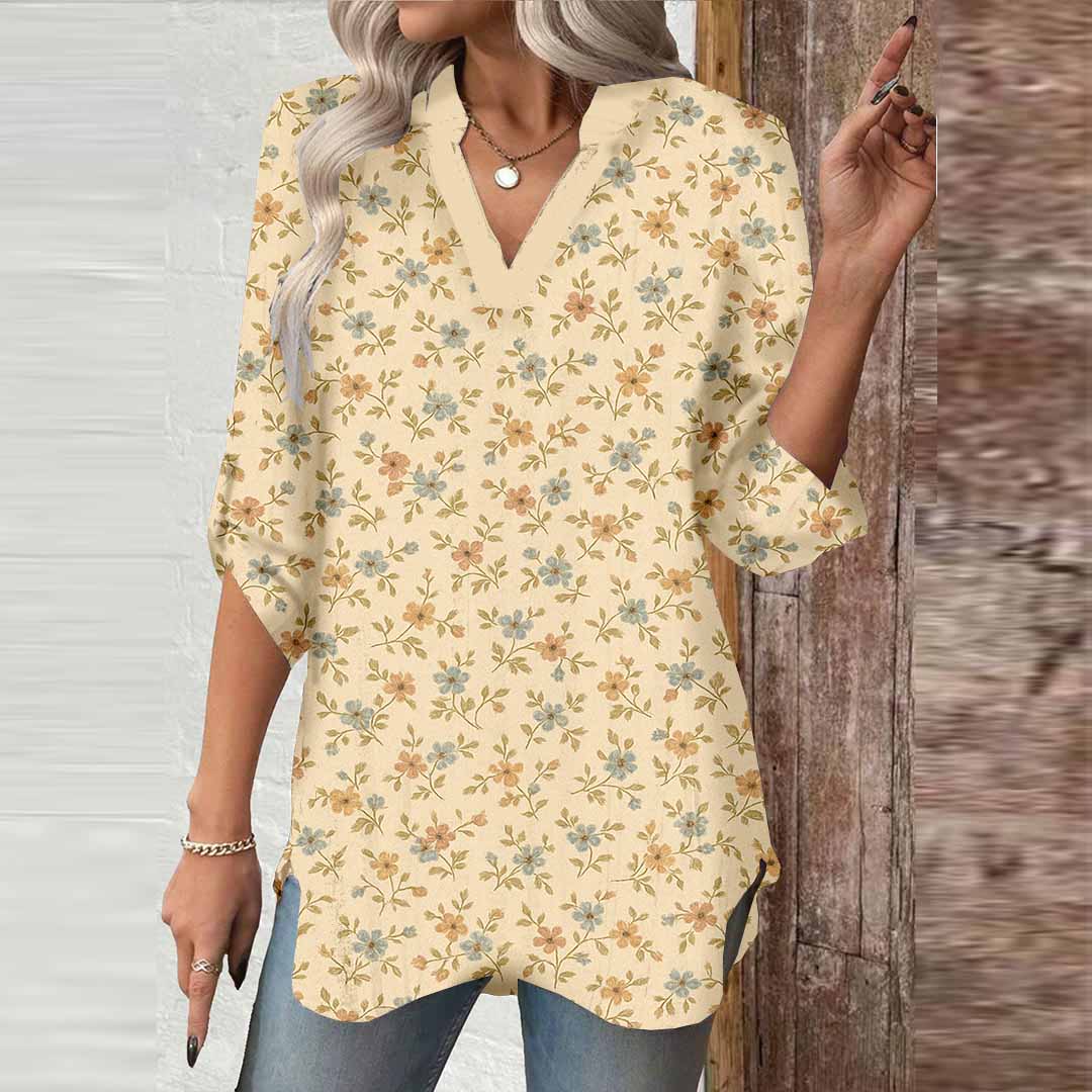 Women Floral,Beige DZGA0016 3/4 Sleeve V-neck Printed Graphic Button Tops
