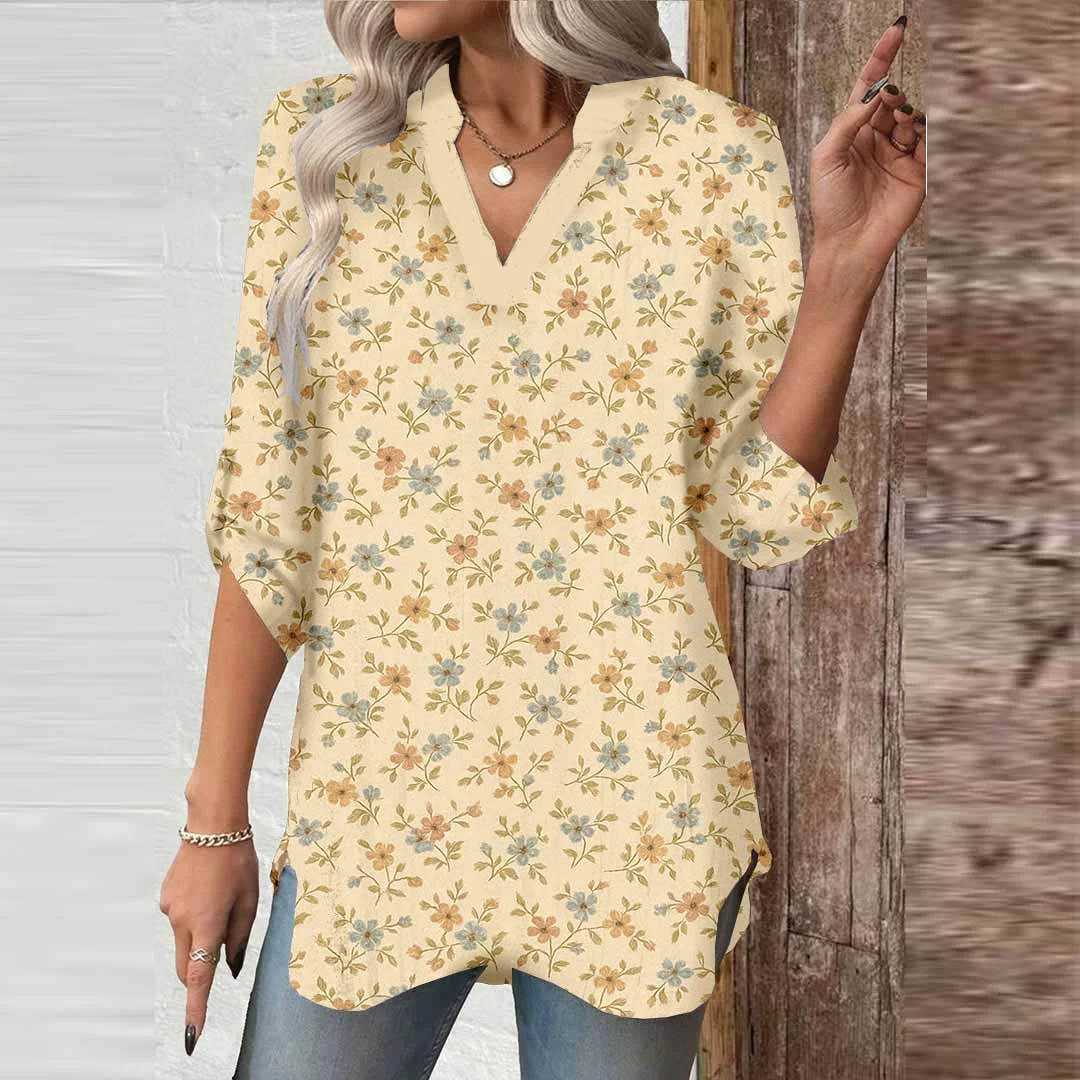 Women Floral,Beige DZGA0016 3/4 Sleeve V-neck Printed Graphic Button Tops