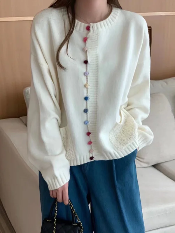 Long Sleeves Loose Buttoned Contrast Color Pockets Round-Neck Cardigan Tops