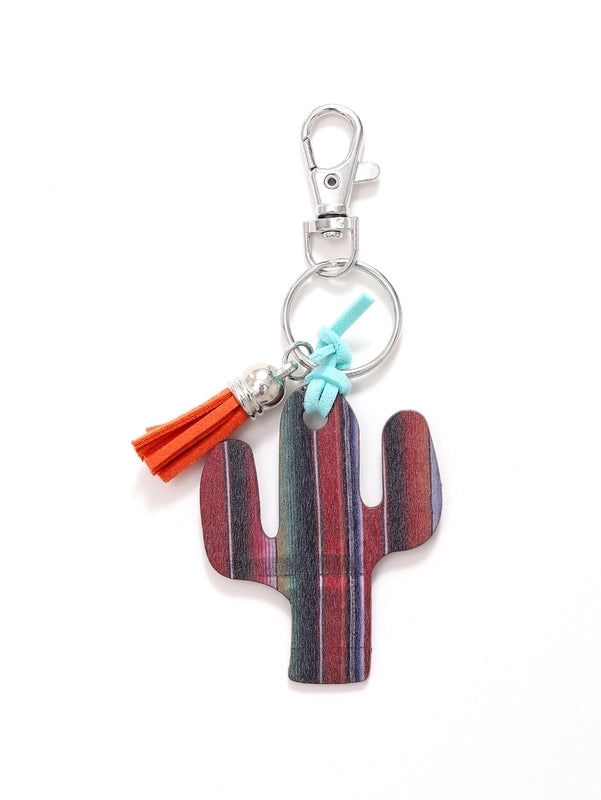 Classic Style Commute Cactus Printing Wood Bag Pendant Keychain
