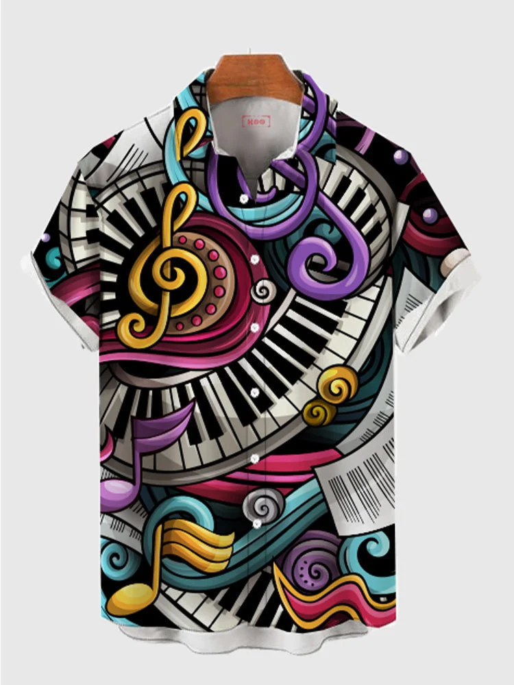 Music Element Printing Hand Drawn Cartoon keyboard Printing Men's Short Sleeve Shirt