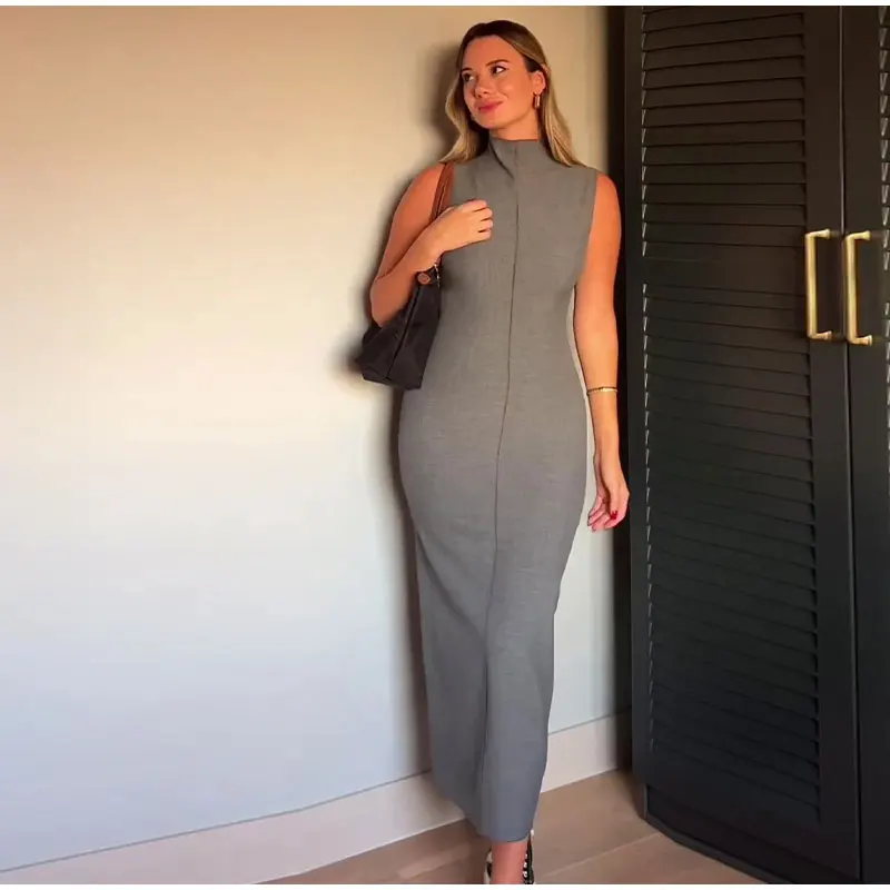 Ootddress Sleeveless Split Patchwork Long Dress Female Straight Solid Slim High Waist Zipper Maxi Dress Autumn 2025 Turtleneck Dress