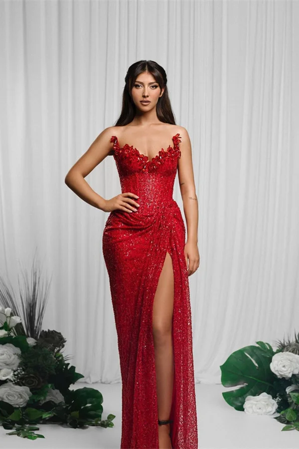 Gorgeous Red V-Neck Sequin Mermaid Prom Dress Sleeveless High Split YU0045