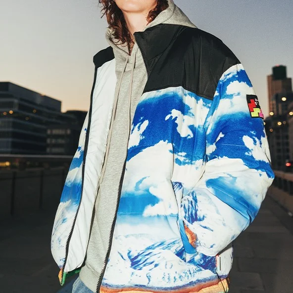 Sky Snow Mountain Pattern Mens Streetwear Puffer Down Jackets at Hiphopee