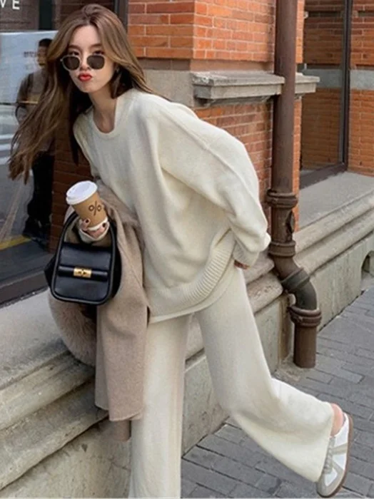 Casual Loose Solid Color Round-Neck Sweater Tops & Wide Leg Pants Suits