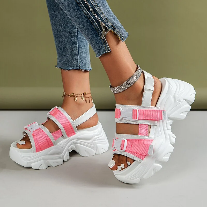 Qengg Summer New Platform Women Sandals Wedge Color-block Fashion Ladies Sandals Outdoor Light Casual Sports Style Hook &  Roman Shoes