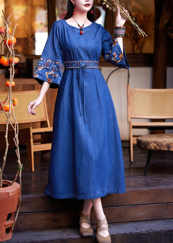 VCSHOES Denim Navy Patchwork Tie Waist Maxi Dress Flare Sleeve