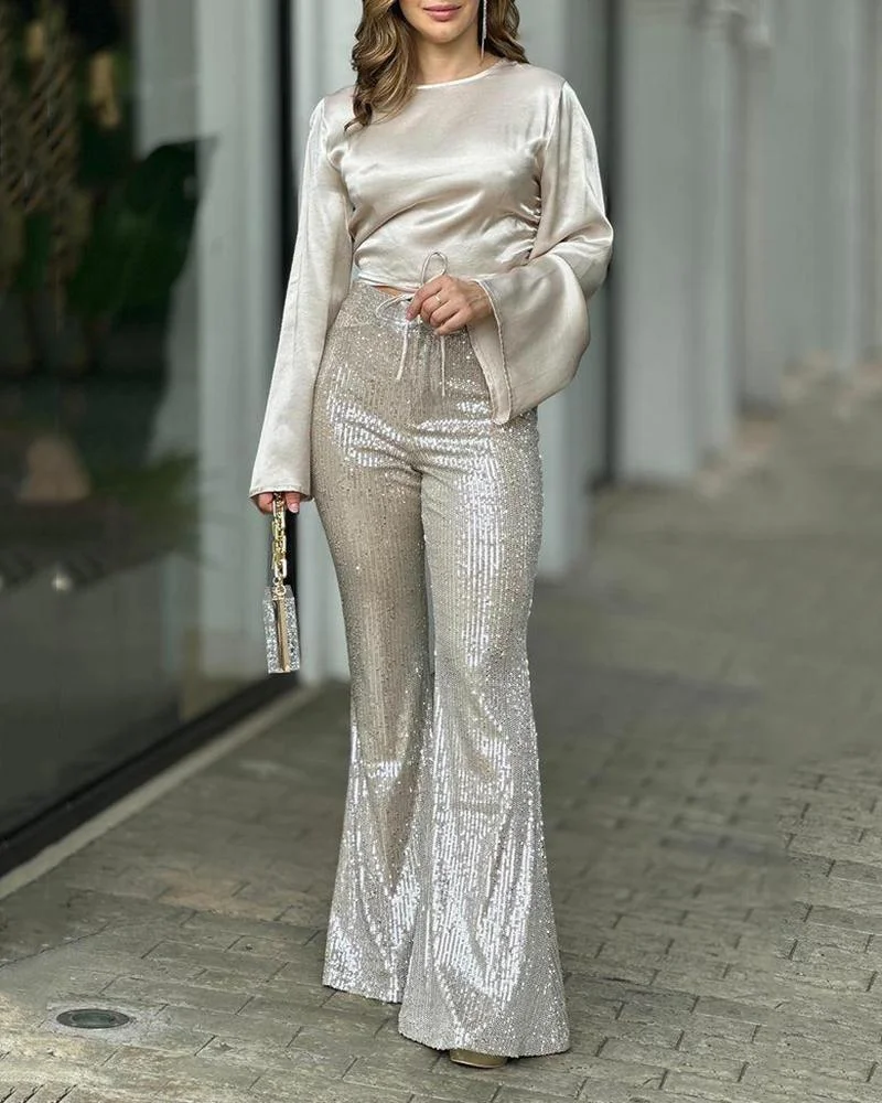 Round Neck Long Sleeve Top & High Waist Sequined Trousers Two-Piece Set