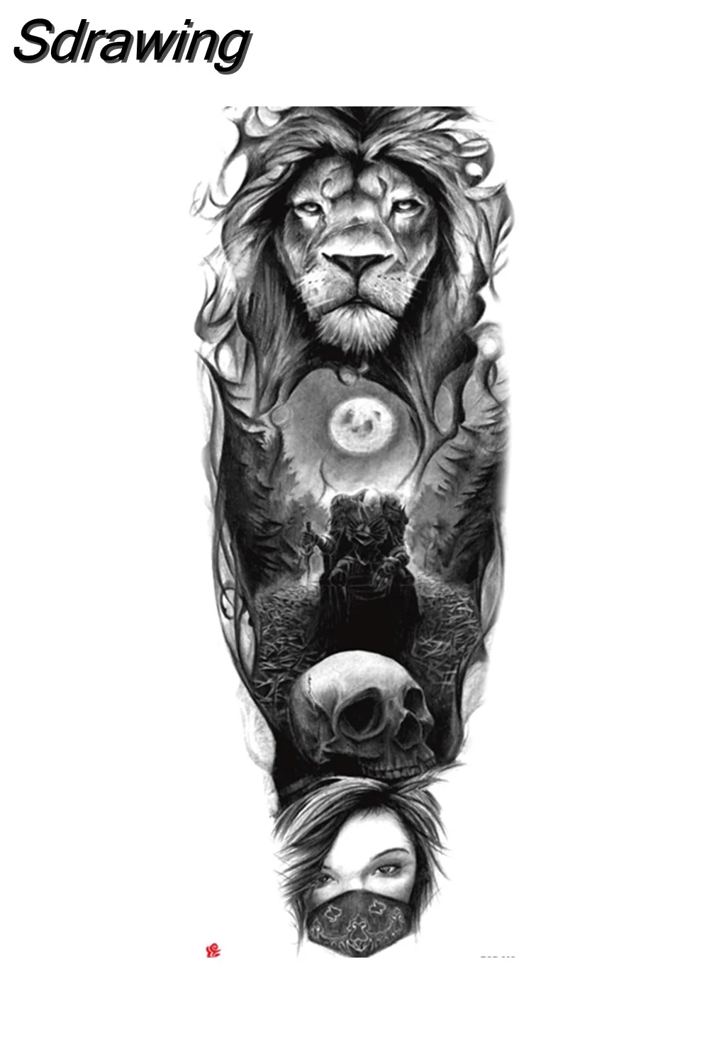 Sdrawing Arm Temporary Tattoo Wolf Lion Fish Horns Geometric Man Body Leg Rose Flower Phoenix Waterproof Sticker Cool Women Tatoo 715-0