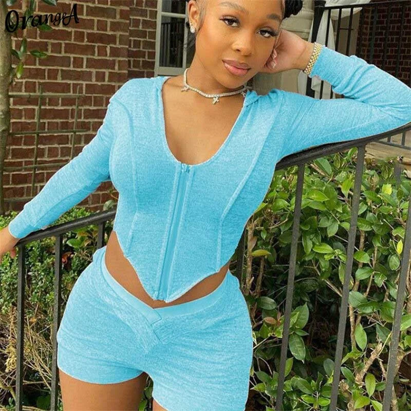 OrangeA women tracksuit fitness long sleeve v-neck zipper crop top biker shorts two piece outfits sporty fitness slim streetwear