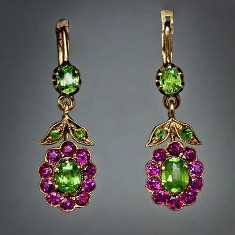 2022 New Gold Color Leaf Inlaid with Green Stone Hanging Flowers Floral Dangle Earrings Women Wedding Jewelry Accessories