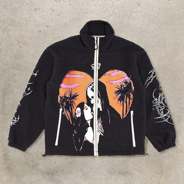 Halloween pattern zip-up polar fleece jacket