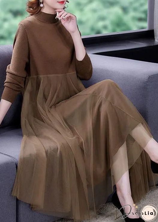 Unique Khaki Stand Collar Tulle Patchwork Knit Long Dress Long Sleeve