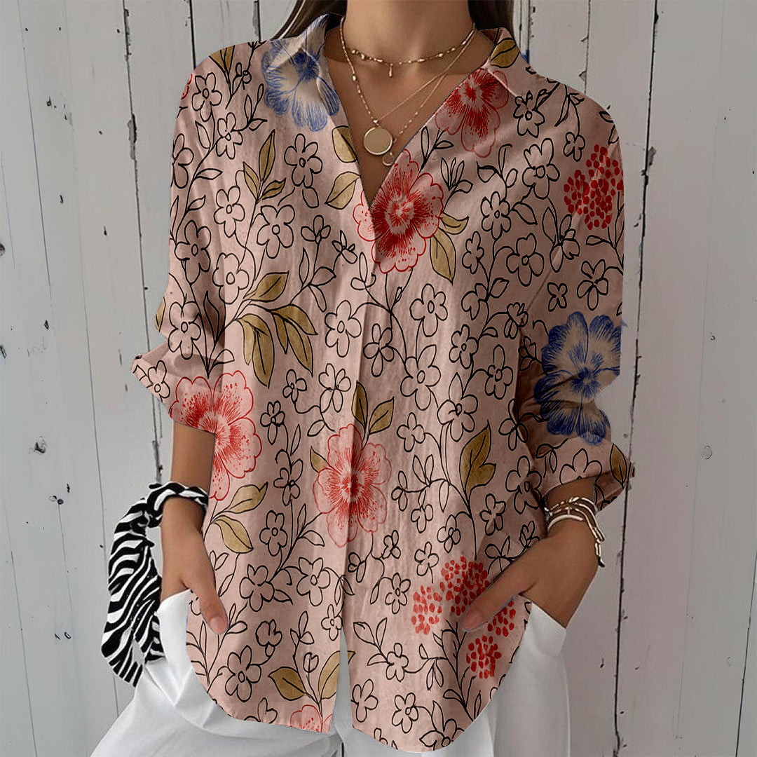 Women Long Sleeve V-neck Graphic Floral Printed Top