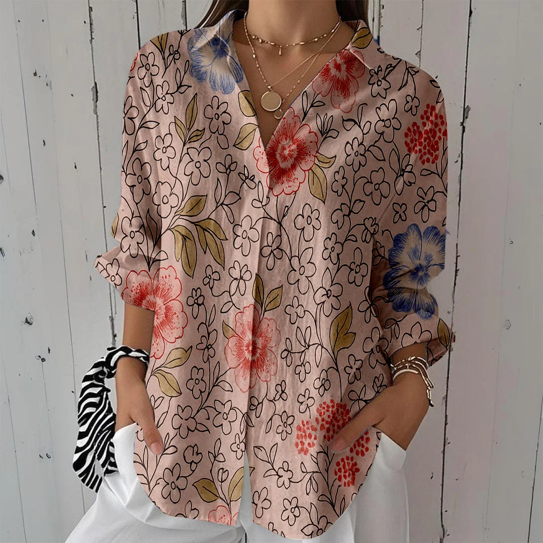 Style & Comfort for Mature Women Women Floral,Red,Pink DZCL0252 3/4 Sleeve Shirt Collar Printed Button Tops