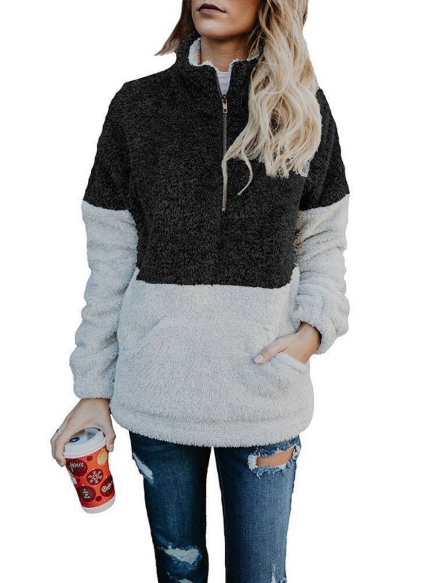 Women's Fuzzy Hoodie Color Patchwork Zipper Collar Oversized Sweatshirt