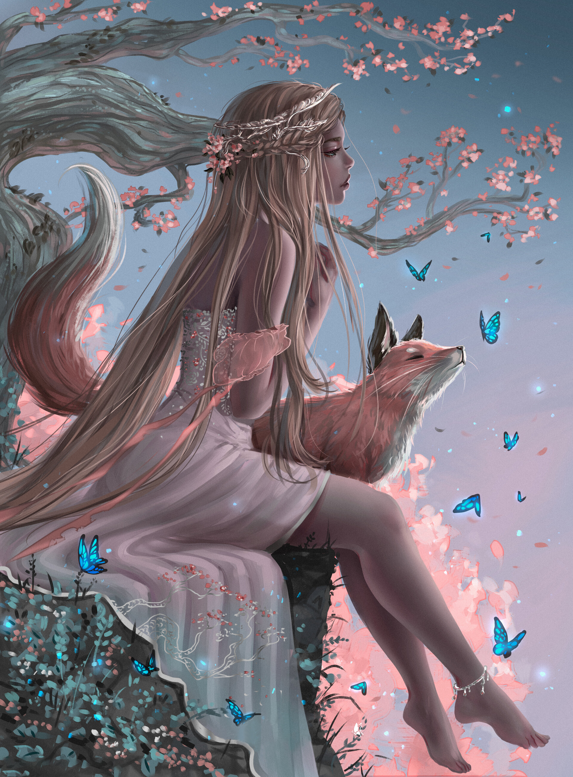 Realistic Butterfly Girl And Fox 40*50CM(Canvas) Full Round Drill Diamond Painting gbfke