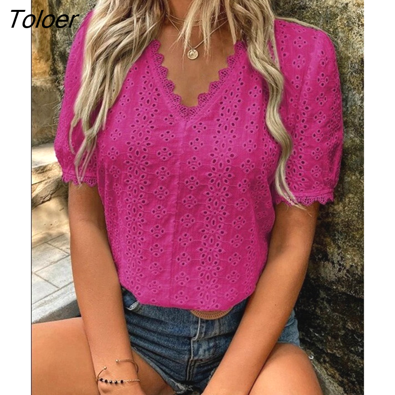 Toloer Lace Shirts Women Summer Puff Sleeve Tops Vintage Elegant Pullover White Blouse Women Fashion V-neck Solid Shirt 21385