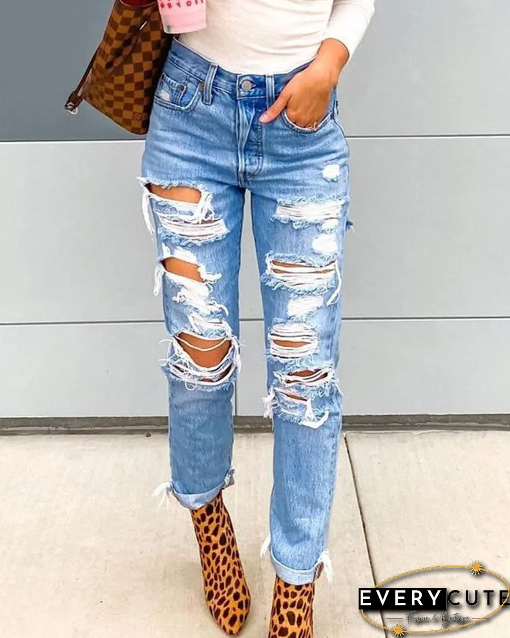 Solid Ripped Skinny Slim Denim Pants P15260