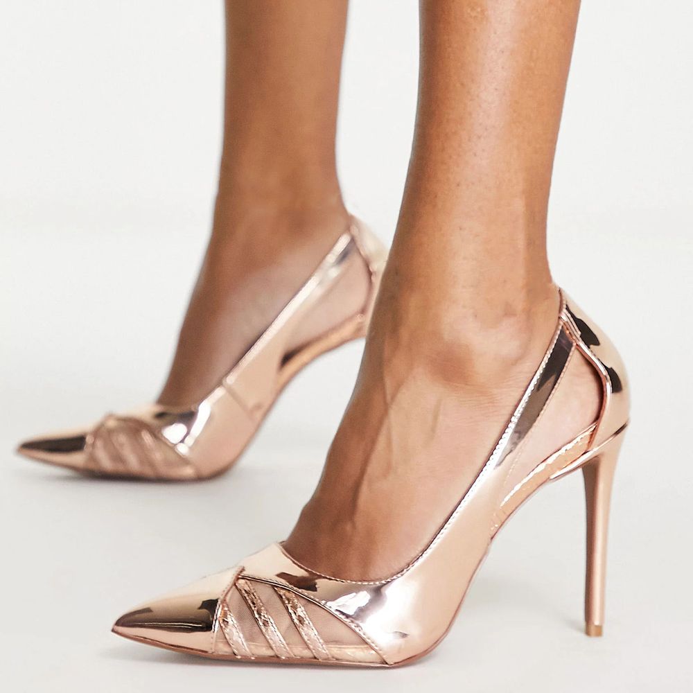 Rose Gold Pointed Toe Cut Out Glossy Stiletto Heel Pumps for Women Nicepairs