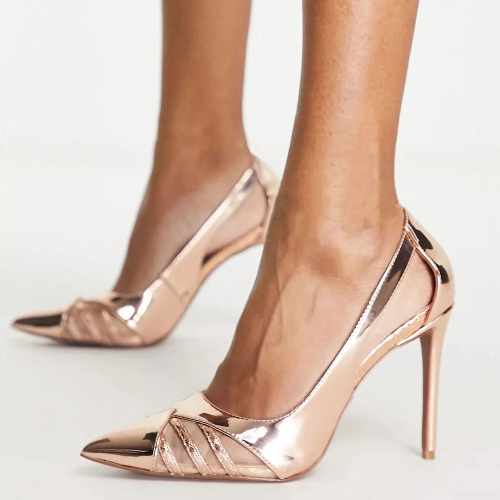  Gold Leather Pointed Toe 4'' Stiletto Heel Glossy Pumps for Women Nicepairs