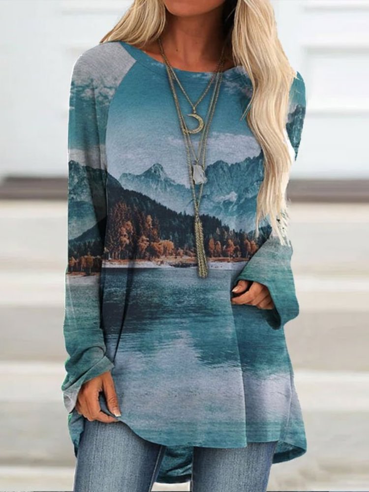 Landscape Art Series Printed Long-Sleeve Tee Dress