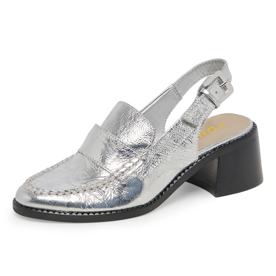 Silver Vegan Leather Metallic Touch Buckle Fastening Slingback Loafers