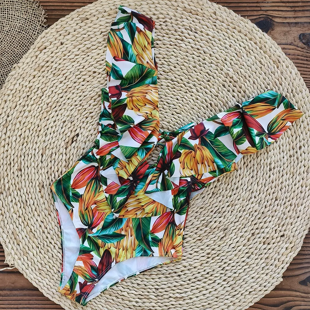 Brownm Printed Flowers Even Lotus Leaf Side Body Swimsuit Women 2025 New Swimsuit Bare Back