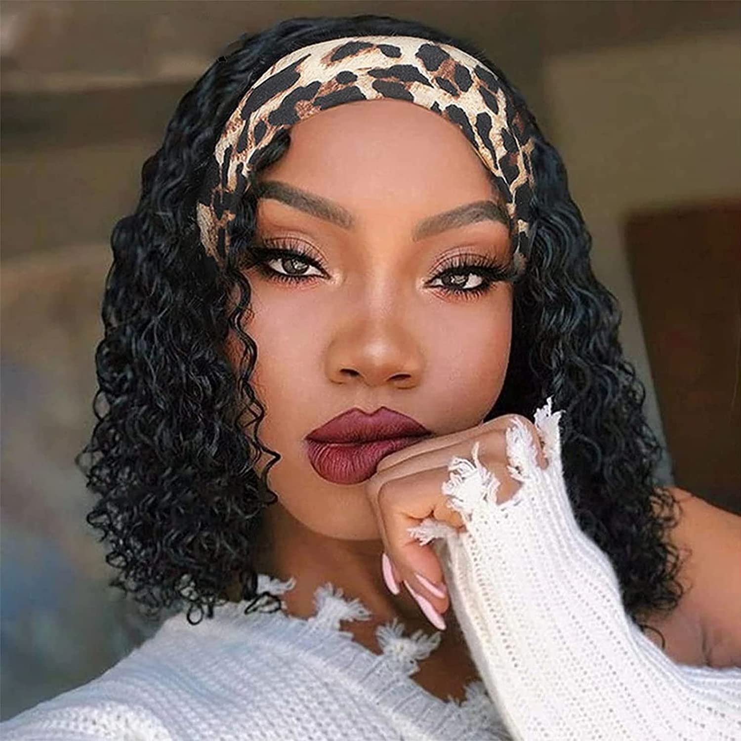 Natural Black Curly Headband Short Bob Wig