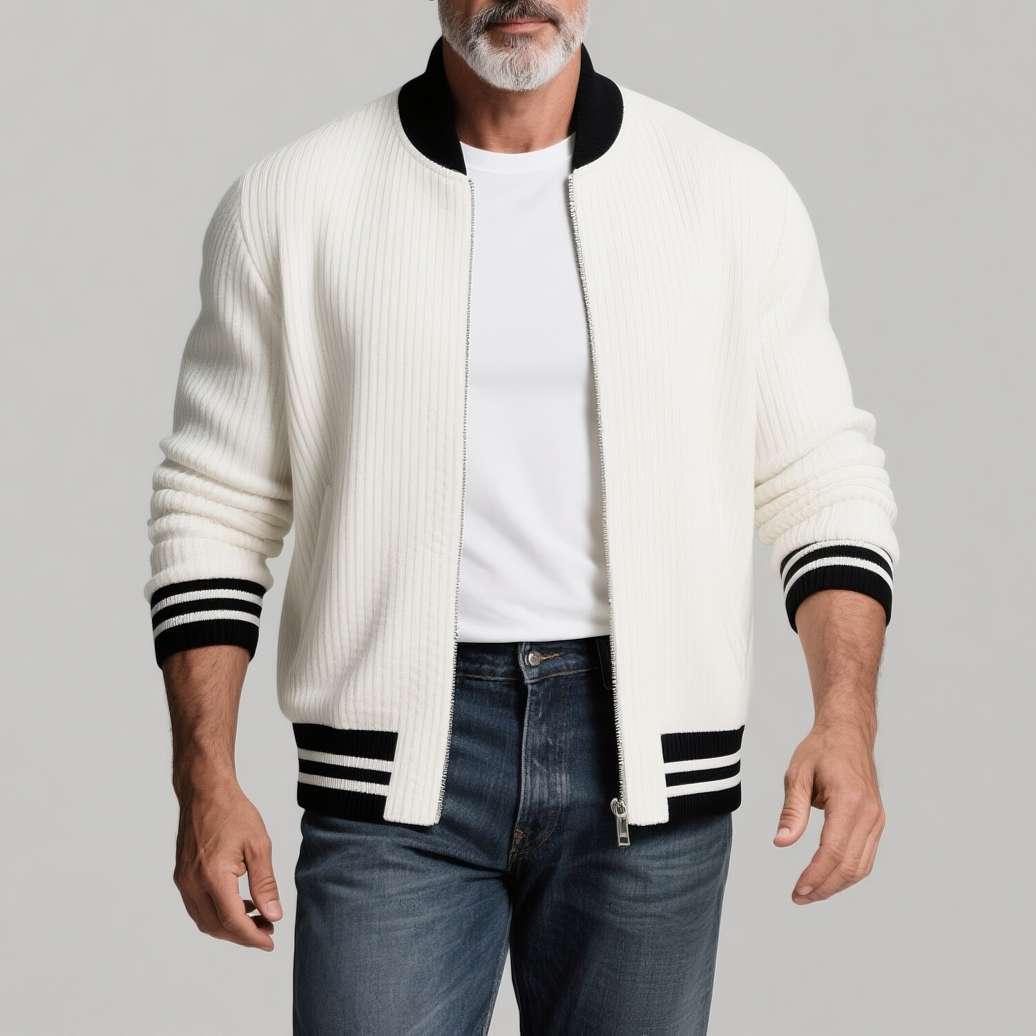 Men's Stand Collar Long Sleeve Zipper Black Stripes Ribbed Knit Bomber Jacket