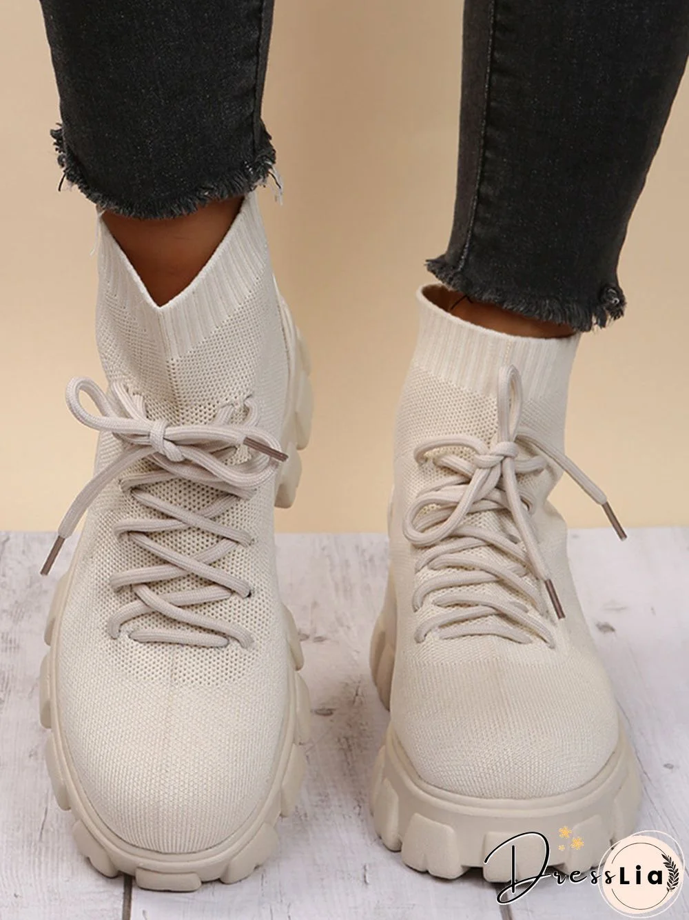 Versatile Platform Lace-Up Casual Black Short Flyknit Sock Boots