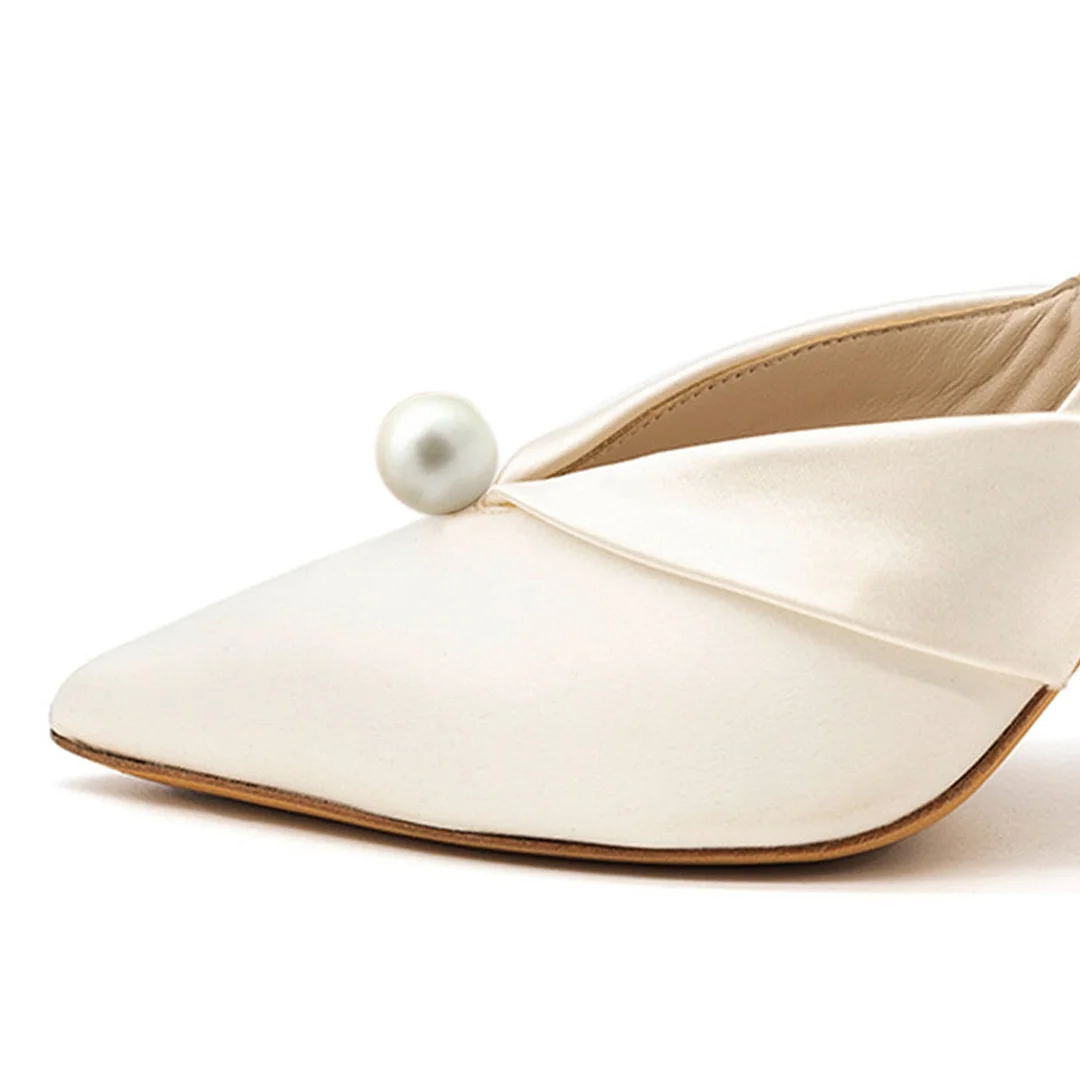 Ivory Pointed Toe Fold-Over Detail Wedding Pumps Heels with Pearl