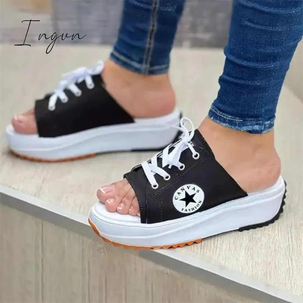 Ingvn - Casual Daily Peep Toe Canvas Lace-Up Sandals Black / 5 Slippers