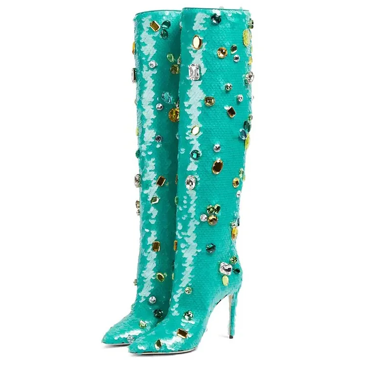 Turquoise Sequin Knee Boots Pointed Stiletto Heels Rhinestones Booties |FSJ Shoes