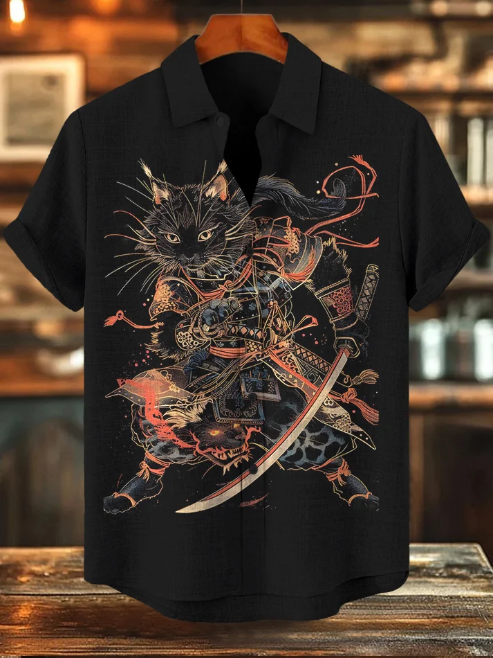 Men's Armored Cat Warrior Holding A Saber Art Print Casual Shirt