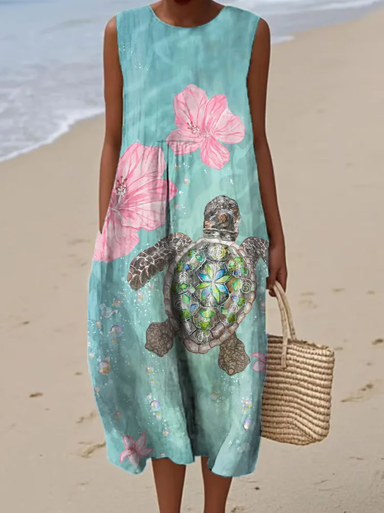 Simpfit Damen Freizeit Urlaub Strand Hawaiian Ocean Turtle Print Kleid