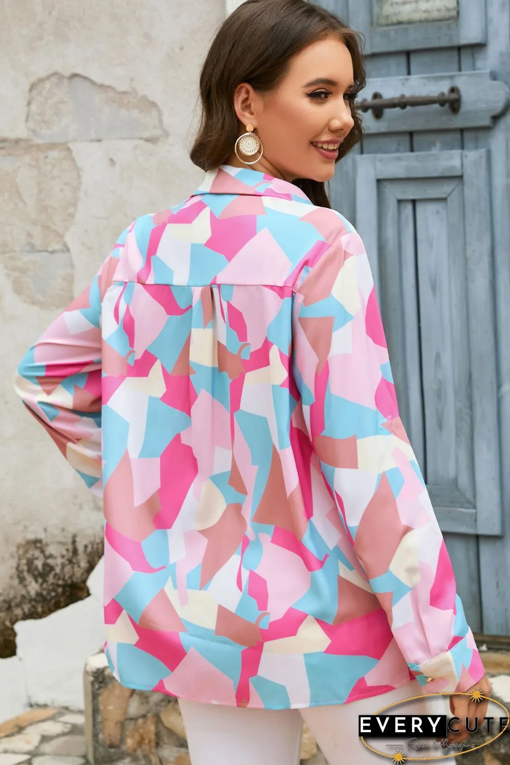 Pink Geometric Block Printed Roll Tab Sleeve Shirt