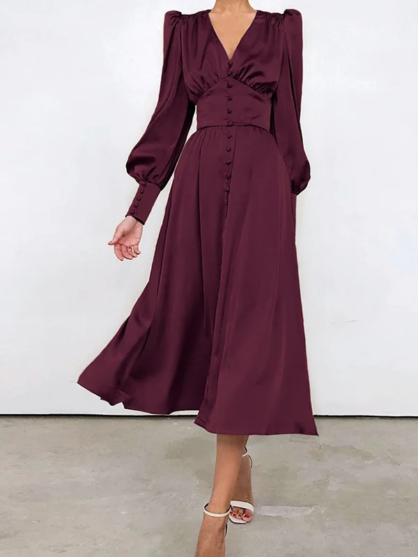 Urban Buttoned Split-Front High Waisted Puff Sleeve A-Line Midi Dress